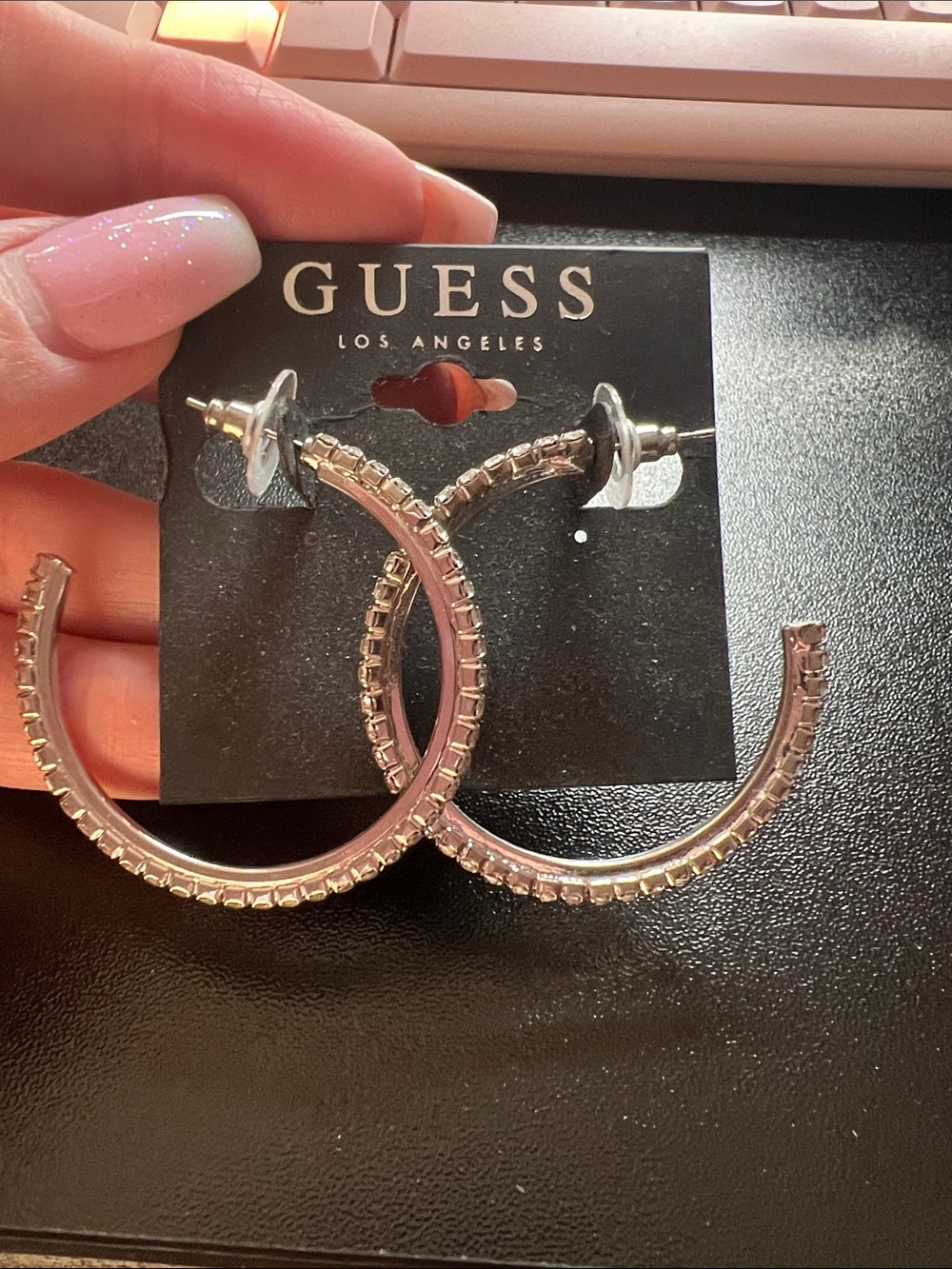 GUESS Silver Hoop Earrings with Faceted PavΓ© Edge